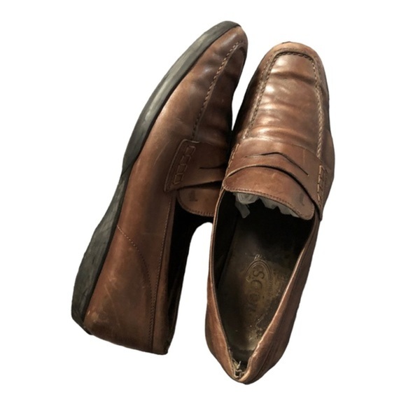 Tod’s men’s distressed look brown leather slip on leather loafers size 11.5 - Picture 8 of 14